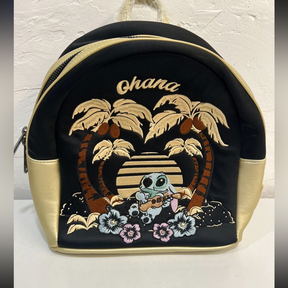 LOUNGEFLY: DISNEY LILO & STITCH OHANA SATIN MINI BACKPACK WITH FAUX LEATHER TRIM